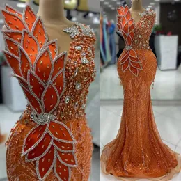 2024 ASO EBI ORANGE MERMAID PROMドレスパールシアーネックイブニングパーティーセカンドレセプションバースデーエンゲージメントガウンドレスローブDE SOIREE ZJ67