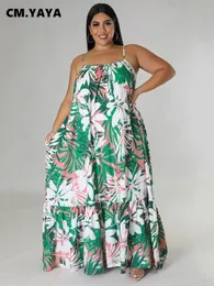 Cmyaya mulheres plus size outono cinta de espaguete babados hem solto maxi longo floral folha impressão vestidos moda festa vestido fino 240124