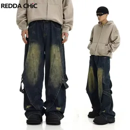 REDDACHiC 90s Retro Green Wash Patchwork Baggy Jeans Homens Y2k Desconstruído Cinto Destruído Baixo Crescimento Tamanho Grande Casual Calças Largas 240118