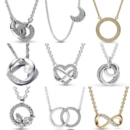 Halsband Autentiska 925 Sterling Silver Interwined Hearts Circle Pave Moon Family Always Infinity Necklace For Women Fashion Jewelry