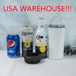 local warehouse sublimation 4 in 1 tumbler with 2 lids DIY blank cooler 16oz straight tumbler can cooler Stainless Steel mug be266S
