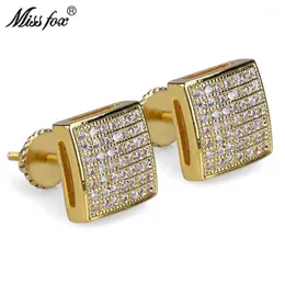 Stud MISSFOX Hiphop 24K Pendientes de joyería chapados en oro Rosca de tornillo Cuadrado entero Cubic Zirconia Bijoux Pendiente piercing Hombre Woma3321