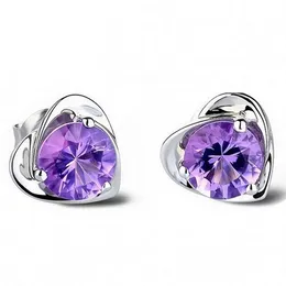Love Heart Earrings Studs Purple Crystal Zircon Diamond Earrings Women Wedding Jewelry Birthday Present