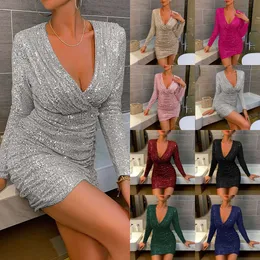 Designer women's clothing New Women's Sexy V-neck Wrapped Hip Short Skirt Fashion Sequin maxi Dress for Women Night club womens ladies lace bodycon v neck dressesCGND