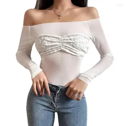 Kadın Tişörtleri Kadın See-Through T-Shirts Bahar Sonbahar Giysileri Uzun Kollu Patchwork Tekne Boyun Moda İnce Üstler Seksi Kulüp Y2K Sokak Giyin