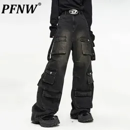 PFNW Summer Mens American High Street Multi Pocket Wide Leg Jeans Looke Hip Hop Straight Techwear Denim 잘 생긴 바지 12Z1496 240124