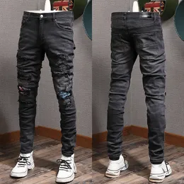 Design Denim Jeans elasticizzati Biker Fit per uomo Slim Painted Patch Trim Gamba Pantaloni da cowboy Jeans viola maschili Strade alla moda di alta qualità Hip Hop Marchio originale 992
