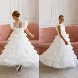 Vestidos de niña en capas blancas, vestido bohemio de flores para boda, princesa de tul sin mangas, elegante vestido de fiesta de primera comunión para niños