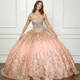 Roségoldenes Prinzessin-Ballkleid-Quinceanera-Kleid, schulterfrei, mit Pailletten, Perlenapplikationen, Geburtstagsfeier, süßes 16. Kleid für 15 Jahre
