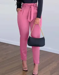 Pantalones de mujer Color sólido Trabajo Flaco 2024 Primavera Cintura alta Detalle atado Casual Largo Versátil Desplazamientos diarios