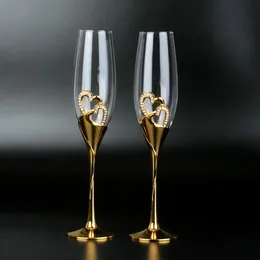 Bicchieri da champagne in cristallo per matrimoni Supporto in metallo dorato Flauti Bicchieri da vino Calice Amanti delle feste Regali di San Valentino 200 ml