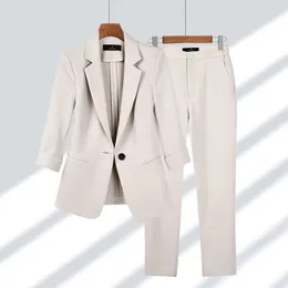 Spring Summer Elegant Suit Jacket Matching Set Womens Korean Chic Blazers Coat Pants 2 Piece Female Professional 240124