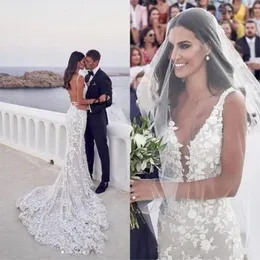 2020 Abiti da sposa sexy da spiaggia a sirena senza schienale con scollo a V 3D applique in pizzo Sweep tromba Steven Khalil Abito da sposa da giardino266u