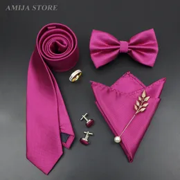 Conjunto de gravatas masculinas de luxo, vermelho, preto, cor sólida, gravata, bolso, abotoaduras, broche, conjunto de anel, festa de casamento masculino, presente 240124