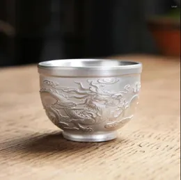 Tazze Piattini Tazza d'acqua in argento Artigianato di lusso Dragon Phoenix Tazze da tè intarsiate con opere d'arte per la casa Bicchieri per la casa E11610