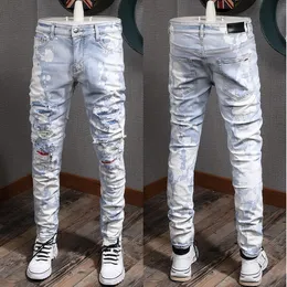 Design Denim Stretch Jeans Biker Fit para Mens Slim Painted Patch Trim Perna Cowboy Calças Masculinas Jeans Roxos de Alta Qualidade Trendy Streets Hip Hop Marca Original 65