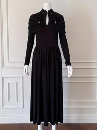 Lässige Kleider Yigelila Mode Frauen schwarzer langes Kleid eleganter Stand hohl aus der Hülse Solid modal a-line-Knöchellänge 68328