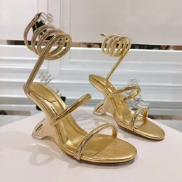 Yeni Rene Caovilla Moda Heykel Metalik Topuk Sandalet Metal Deri Lüks Tasarımcılar Kama Ayak Bileği Saraylı Kadın Sandalet Elbise Ayakkabıları Kutu İle Akşam Ayakkabıları