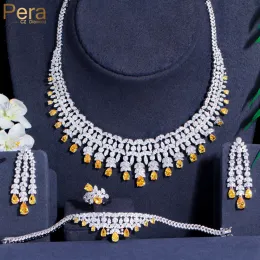 Necklaces Pera Expensive Bridal 4Pcs Jewelry Set Yellow White CZ Stone Tassel Drop Choker Necklace Earrings Party Jewellry for Brides J523