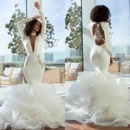 Sexy aberto de volta sereia vestidos de casamento turquia 2022 camadas rendas babados profundo decote em v mangas compridas vestidos de noiva africano inchado f258y