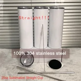 50pcs Carton Sublimation Tumblers 20oz Stainless Steel Straight Blank Mugs white Tumbler with Lids and Straw Heat Transfer Gift Mu344d