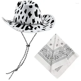 Bérets Styles occidentaux Cowgirl Hat Set pour adulte réglable vache imprimé cowboy bandana