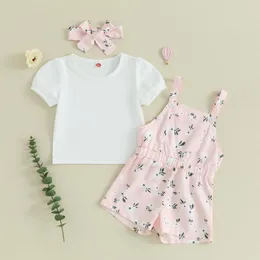Милый костюм в рубчик для маленьких девочек, летняя футболка с короткими рукавами, комбинезон с цветочным принтом, шорты, комплект с повязкой на голову, верхняя одежда для младенцев
