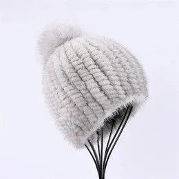 100% Real Mink Fur Hat Women Winter Sticked Beanie Russian Girls Cap med Fox Fur Pom Poms tjock kvinnlig Cap Elastic 240127