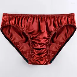 Underpants 고품질 실크 팬티 남성 단색 매끄러운 속옷 통기성 새틴 브리프 섹시한 미드 허리 란제리