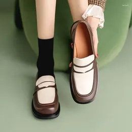 Jurk Schoenen Lente/Herfst Dames Loafers Echt Leer Voor Vierkante Neus Dikke Hak Pompen Instapper Gemengde Kleuren