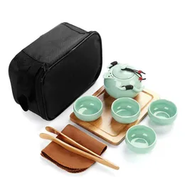 Conjunto de chá kungfu gongfu artesanal chinês japonês vintage-bule de porcelana 4 xícaras bandeja de chá de bambu com viagem portátil 2698