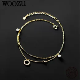 Woozu real 925 prata esterlina luxo dupla camada grânulo cristal zircão corrente tornozeleira para mulheres minimalista pé praia jóias presente 240118