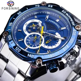 Forsining Nuovo design blu Calendario completo 3 orologi meccanici automatici da uomo con quadrante piccolo in acciaio inossidabile argento Clock237U