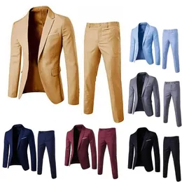 1 Set Men Blazer Pants Solid Color Long Sleeve Slim Fit Turndown Collar Temperament One Button Pockets Suit Set Men Clothes 240124