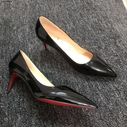Designer de moda de luxo vermelho bottoms sexy apontou toe sola vermelha apontou boca rasa sexy feminino único sapatos de salto baixo magro salto alto preto