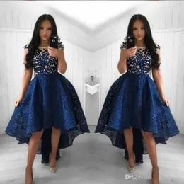 2019 New Navy Blue Cocktail Dress a Line Crew Neck Lace High Prom Dress Short Party Arabic Evening Gowns Vestidos2451