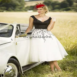 Retro 1950 gótico preto vestidos de casamento 2024 uma linha chá comprimento boho vestido de noiva apliques rendas praia curta boêmio vestido de noiva sexy sem costas gatsby celta mariage