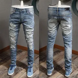 Design Denim Jeans elasticizzati Biker Fit per uomo Slim Painted Patch Trim Gamba Pantaloni da cowboy Jeans viola maschili Strade alla moda di alta qualità Hip Hop Marchio originale 354