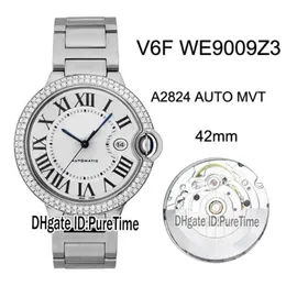 Nuovo V6F WE9009Z3 ETA A2824 Orologio automatico da uomo Lunetta con diamanti Quadrante bianco strutturato Marcatori romani neri Bracciale in acciaio Edizione 232z