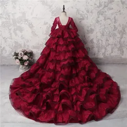 Amazing Multi-Layer Girls Pageant Gowns Dark Red Lace Long Sleeves Appliques Beads Flower Girl Dresses For Wedding Long Train Part276i