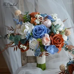 Wedding Flowers PEORCHID Boho Blue White Bouquets Rust Orange Roses Bridal Eucalyptus Fake Terracotta Bouquet Ramos Para Novias