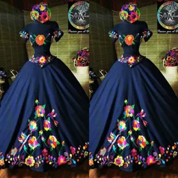 2022 패션 Charro Mexico Quinceanera Dresses Navy Blue 자수 어깨 새틴 코르셋 백인 Sweet 15 Girls Prom Dress 278U