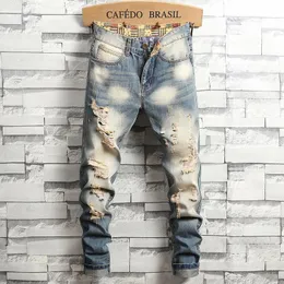 Sıkıntılı yırtık kot erkekler retro mavi moda ince motosiklet pantolonlar erkek hip-hop sokak erkek deliği denim pantolon 240124