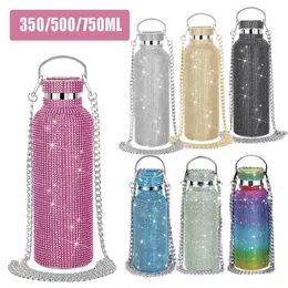 Garrafas térmicas de diamante brilhantes, garrafa térmica portátil com glitter, garrafa térmica de aço inoxidável 350ml, 500ml, 750ml, 214t