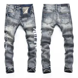 Design Denim Jeans elasticizzati Biker Fit per uomo Slim Painted Patch Trim Gamba Pantaloni da cowboy Jeans viola maschili Strade alla moda di alta qualità Hip Hop Marchio originale 66
