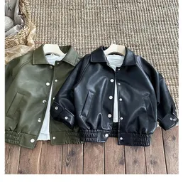 Jacken 2024 Mode Herbst Leder Koreanische Hübsche PU Einfarbig Drehen Unten Kragen Taste Jungen Jacke Kinder Boutique Kleidung Mantel