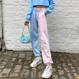 Женские брюки контрастного цвета, мешковатые женские спортивные штаны с потерей высоты, повседневные розовые, синие лоскутные брюки с высокой талией, уличная одежда в стиле хип-хоп