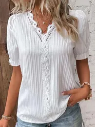 Blusas femininas verão decote em v renda retalhos manga curta blusa solta feminina lanterna camisa tops