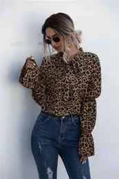 Frauen Blusen 2024 Herbst Verkauf Nette Polo Neck Slim Fit Top Leopard Spitze Up Laterne Hülse Hemd