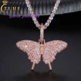 Mode Iced Out Rose Gold Schmetterling Halskette Sterling Silber VVS Moissanit Diamant Anhänger Hip Hop Schmuck Tennis Kette